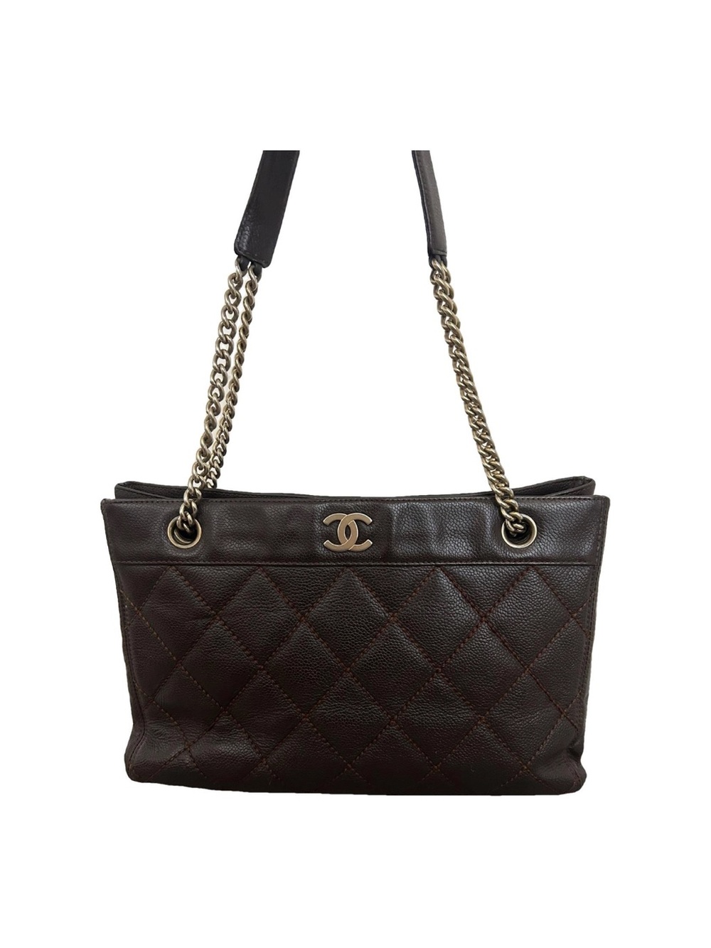 Chanel caviar leather quilted brown small tote handbag